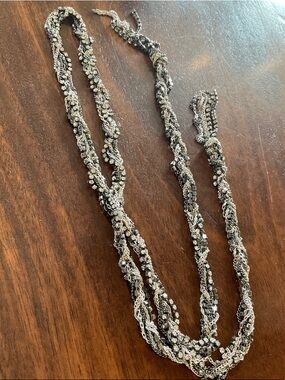 Black and Silver Twisted Multi-Strand Necklace With Clear Rhinestones